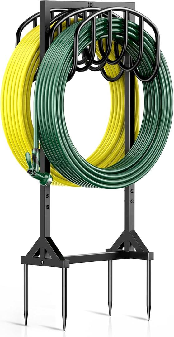 Garden Hose Holder Freestanding, Water Hose Holders for Outside with 4 Spikes, Hose Reels Double-Sided Heavy Duty Metal Hose Stand Holds 150ft Hose, Garden Hose Storage Rack for Outside Yard Lawn (Black)