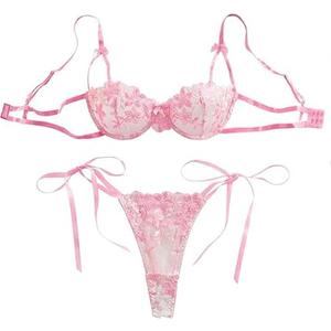 Lilosy Sexy Tie Side Cute Underwire Push Up Strappy Embroidered Mesh Sheer Lingerie Set, S