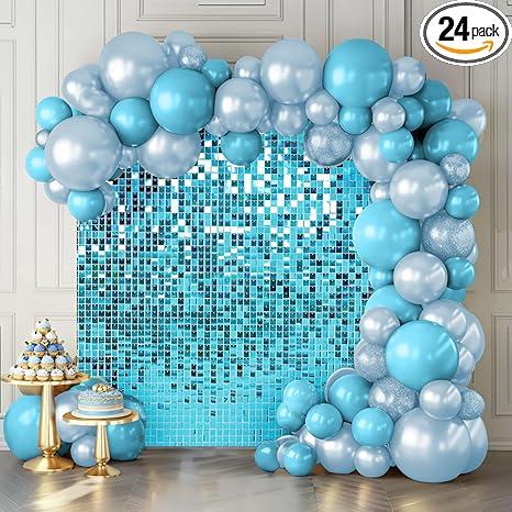 Shimmer Wall Backdrop Lake Blue Wall Panels 24Pcs Square Sequin Shimmer Wall Backdrop Decoration for Birthday Party,Wedding, Anniversary