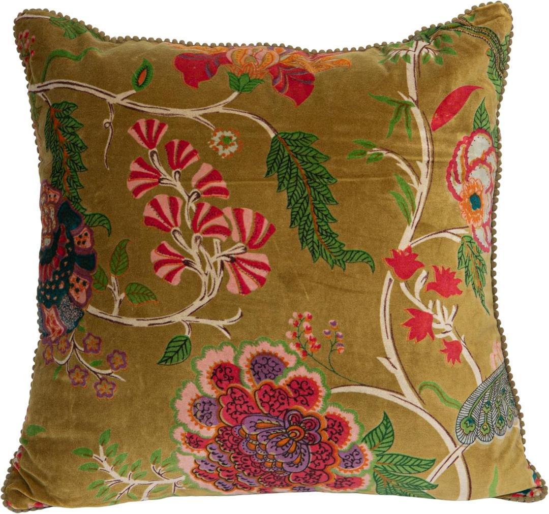 Creative Co-Op Cotton Blend Velvet Printed Pillow with Flowers and Mini Pom Pom Trim, Multicolor, 20 inches x 20 inches