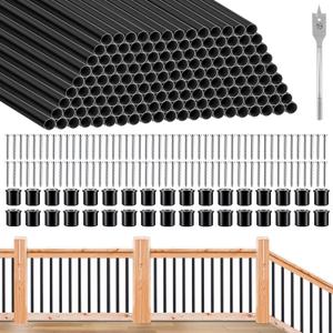 121 Pack 36 Inch Aluminum Deck Balusters 3/4" Diameter Black Metal Railing, Hollow Round Stair Spindles with Connectors and Screws for Railing Fencing Porch Staircase Wood Composite Deck