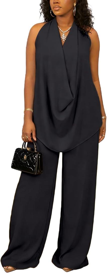 Vssjavun Women's Summer 2 Piece Outfits Cowl Neck Sleeveless Halter Tops and Wide Leg Pants Vacation Beach Matching Sets 2026 (Black, L)
