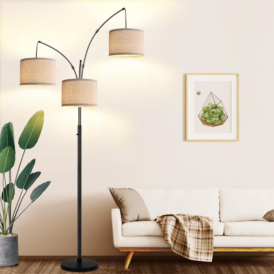 Dimmable Floor Lamp - 3 Lights Arc Floor Lamps for Living Room, 1000LM Modern Tall Standing Lamp With Beige Shades & Heavy Base, Mid Century Tree Floor Lamp for Bedroom Office, 3 LED Bulbs Included (Matte Black-Beige Linen Shades)