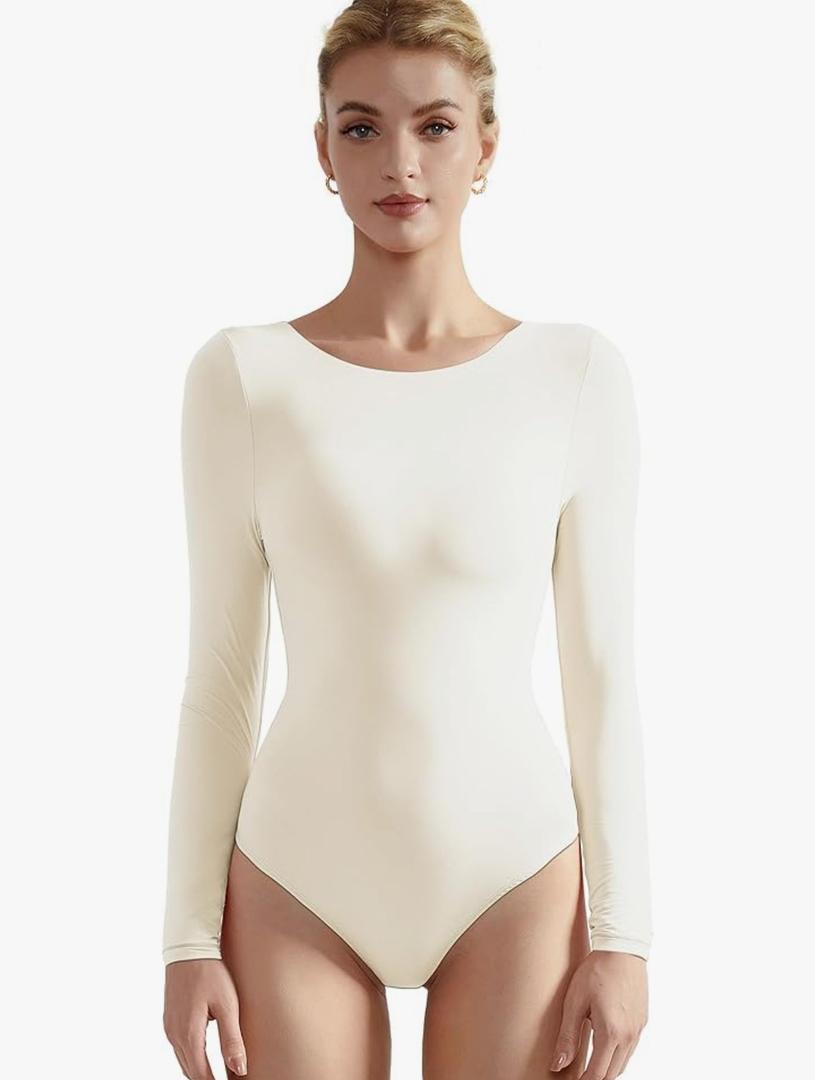 SUUKSESS Women Crew Neck Long Sleeve Bodysuit Sexy Thong Bodysuit Shirts, XS, White 