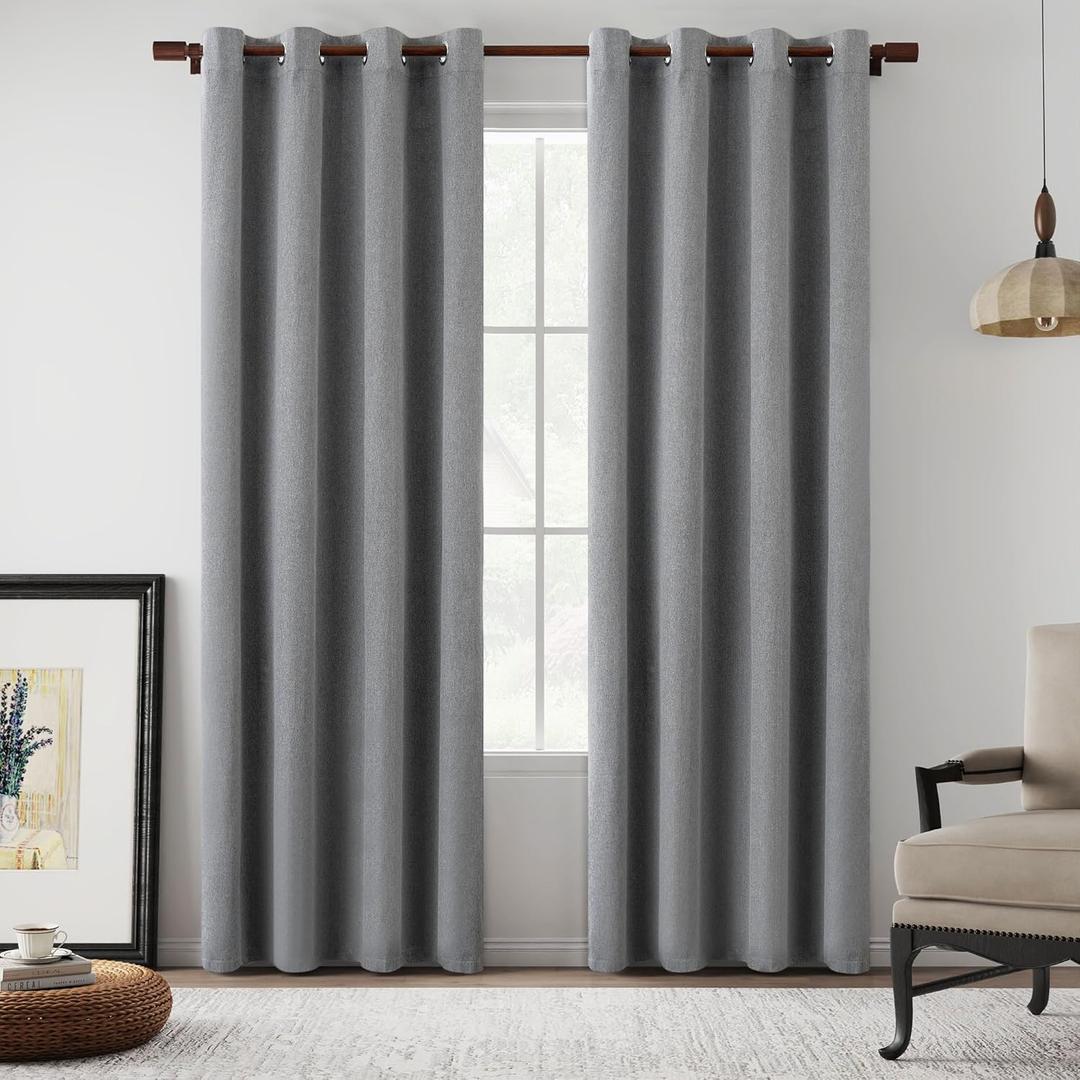Grey 100% Blackout Linen Curtains 80 Inch Length 2 Panels for Bedroom, Farmhouse Lightweight Completely Blackout Window Treatment Thermal Insulated Drapes, Grey, W52 x L80, 2 Panels