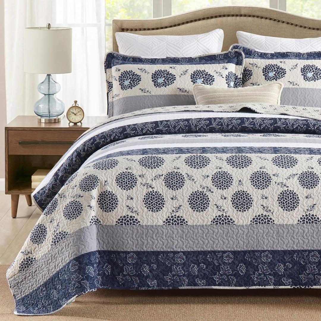 Homzard Quilt Queen Size - Queen Comforter Set,Navy Blue Beige Grey All Cotton Quilted Bedspread Set,Striped Floral Pattern Quilt,Lightweight Paisley 3 Piece Bedding,All Seasons