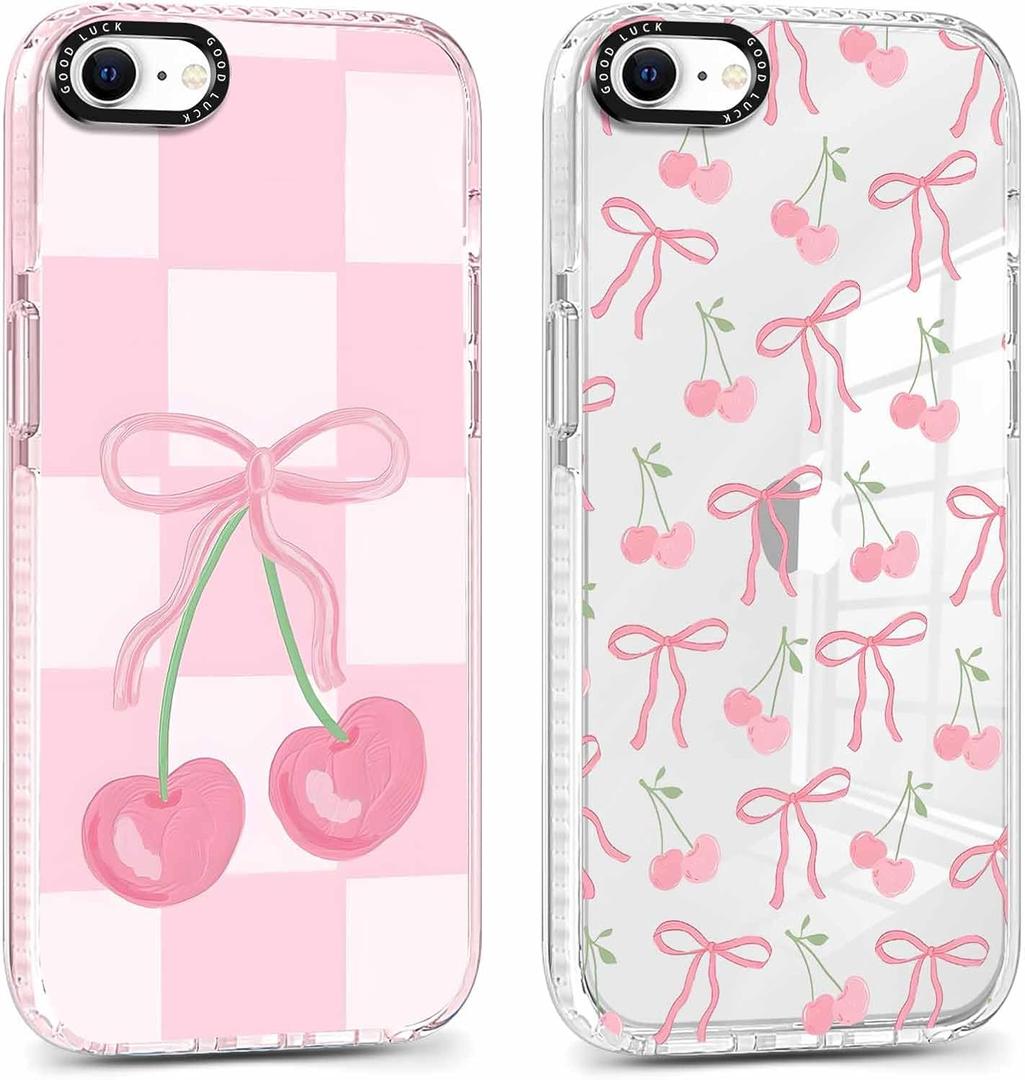 2 Pack Cute Coquette Bow Phone Case for iPhone 7/8 / SE 2020/2022 4.7", Clear Aesthetic Pink Cherry Ribbon Checkered Pattern Print Design Women Girls Case Soft Shockproof TPU Funda Cover