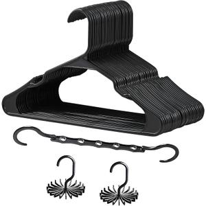 VECELO 25 Pack Plastic Clothes Hangers With Shoulder Grooves - Space Saving Heavy Duty Coat Hanger for Closet, Black