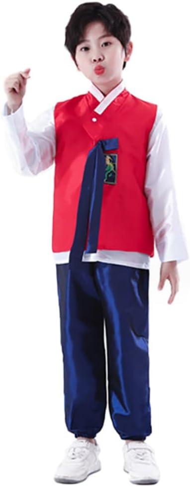 Boys Traditional Korean Dolbok Shirt Top Vest Costume Asian Pants Suit Set Outfit (Red, 7-8 Years)