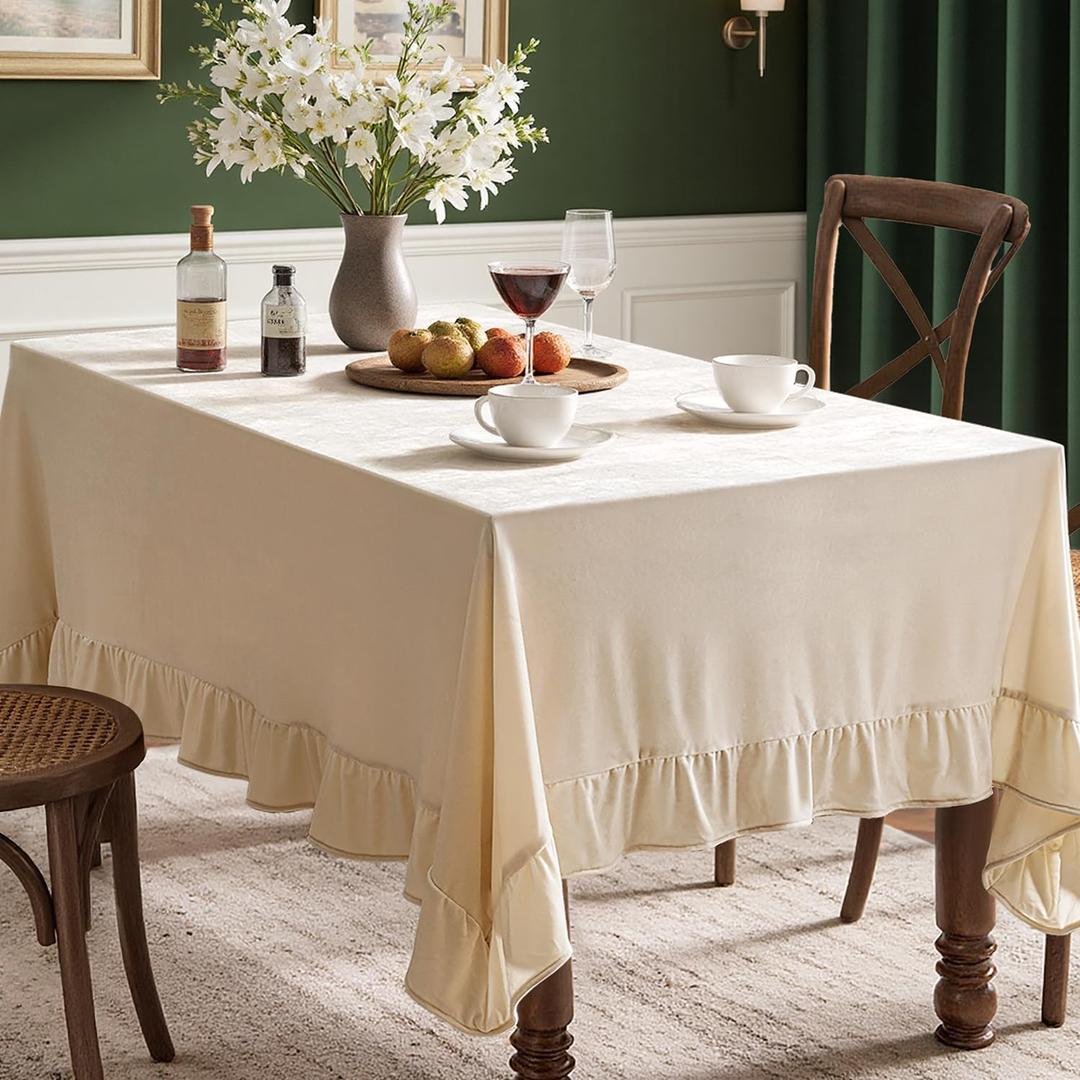 MIULEE Beige Velvet Table Cloth with Decorative Ruffle Edge Luxurious Soft Spring Washable Rectangular Tablecloth Thick Wrinkle-Resistant Oblong Table Cover for Kitchen Dining Wedding 60x120 Inch
