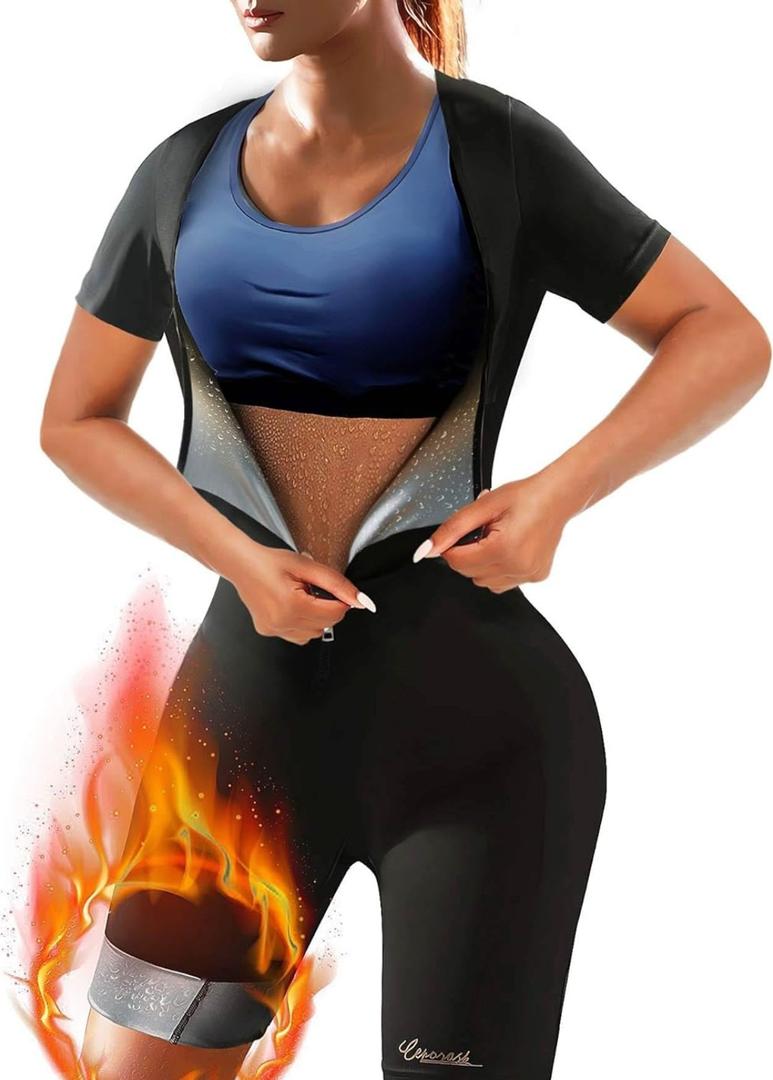 Sauna Suit For Women Weight Loss Workout Sweat Vest Waist Trainer Plus Size Shirt Gym Slimming Shapewear Full Body 44/M Black
