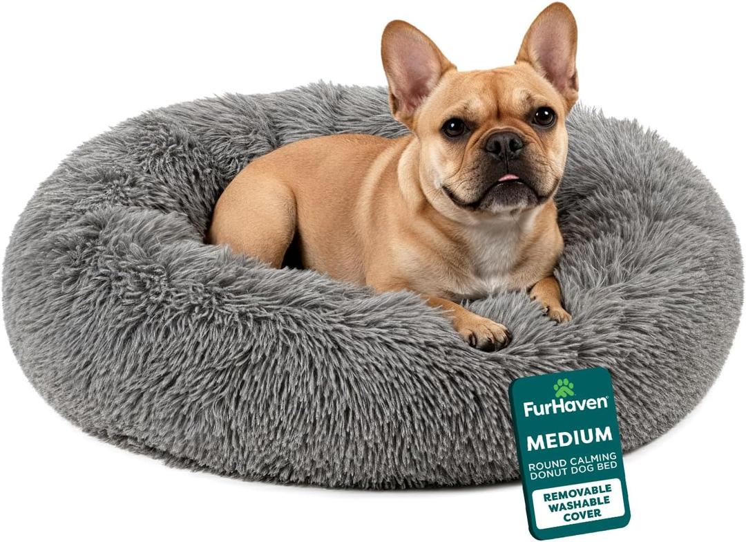 Furhaven 30" Round Calming Donut Dog Bed for Medium/Small Dogs, Refillable w/ Removable Washable Cover, For Dogs Up to 45 lbs - Shaggy Plush Long Faux Fur Donut Bed - Gray, Medium