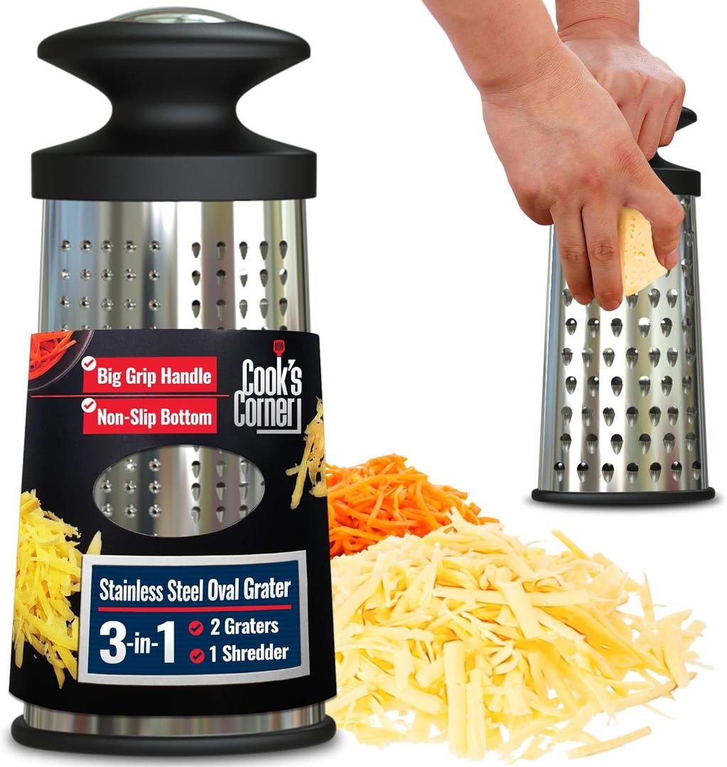 Graters for Kitchen Stainless Steel  Cooks Corner  Food Grater and Shredder with Comfortable Cushioned Grip and Antislip Base  Ergonomic Oval Kitchen Grater Wont Strain Hands