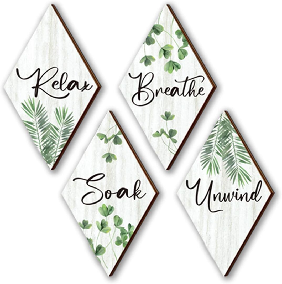 4 Pcs Green Wall Decor Farmhouse Bathroom Decors Relax Soak Unwind Breathe Wooden Sign Hanging Wall Art Green Accessories for Bedroom Living Room Office Vintage Decorations(12x7)