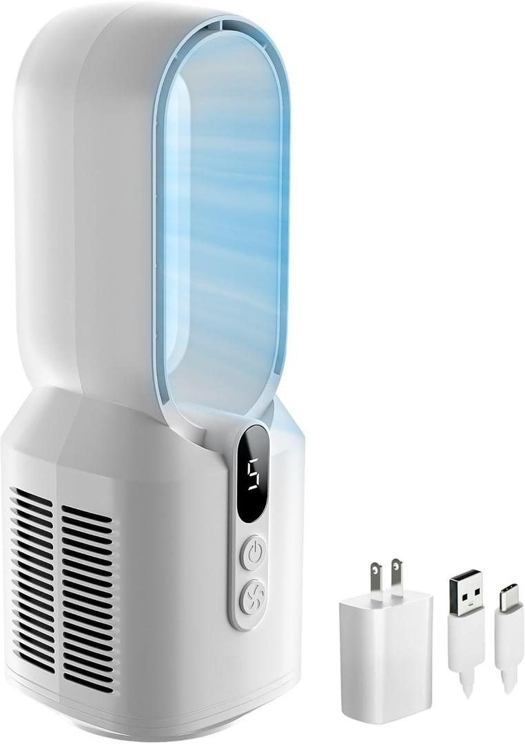 EZ-CHILL 14" Rechargeable Bladeless Tabletop Fan for Bedroom and Home, 5 Speed Settings, Display Screen, Non-Slip Feet, Ideal for Home Office, Quiet Operation, White