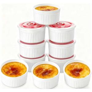 Mfacoy Ramekins with Lids Set of 6, 8 oz Porcelain Creme Brulee Souffle Ramekins with Covers, White Pudding Custard Cups Ramiken for Baking, Small Bowls for Sauces Dessert, Dishwasher and Oven Safe
