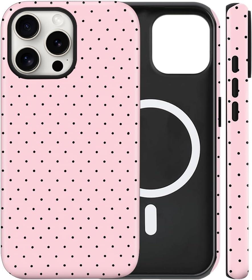 Magnetic for iPhone 15 Pro Max Case Cute Polka Dot Phone Case, Shockproof Slim TPU and Hard PC Protective Phone Cover Compatible with MagSafe Designed for Women Girls, Pink