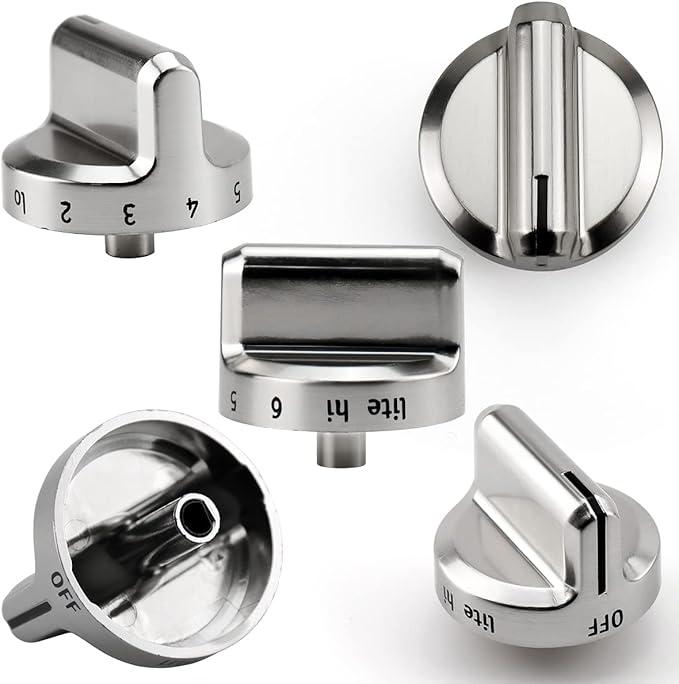Funmit 5304502763 Range Control Knob Replacement for Frigidaire Stove Replaces PS11724147 AP5984069 EAP11724147 4279473, D Shaped Shaft with Metal Insert, Silver Plastic, 5 Pack