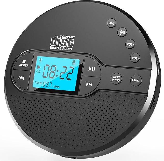 Portable CD Player with Bluetooth, CD Player with FM Transmitter and Speakers for Car, Rechargeable CD Player with Anti-Skip Protection, Headphones Player Kids (Black)