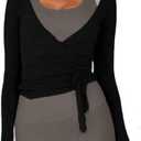 Women Wrap Tie Top Y2k Long SLeeve Ballet Workout Yoga Shirt Coquette Blouses, S