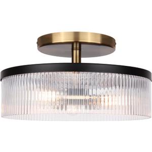 Canarm Jenner 3-Light Semi-Flush Mount Ceiling Light, 15-Inch Matte Black and Gold Finish with Ribbed Glass, Contemporary Lighting for Living Room, Bedroom or Dining Room