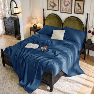 SONORO KATE 100% French Pure Linen Sheets, Breathable and Durable Linen King Size Sheets, Anti-Tear Linen Bed Sheets, Machine Washable, 16 Inch Deep Pocket - 4 Piece (Navy Blue, King)
