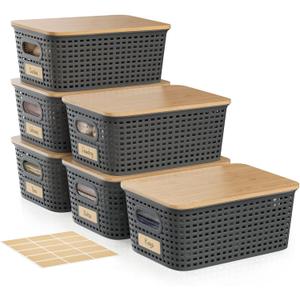 Small 5 Quart Plastic Storage Bin with Bamboo Lid, Stackable Decorative Storage Basket Box Containers with Label for Organizing Shelves Desktop Office Bedroom Dorm Classroom, Gray 6 Pack