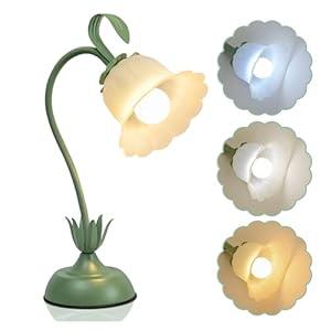 Vintage Flower Table Lamp, 3 Color Temperature Flexible Gooseneck Cute Small Desk Lamp for Bedroom, Kawaii Nightstand Bedside Lamps for Living Room, Dorm, Office, Home Decor (Green)