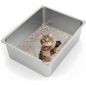 Kirecoo Stainless Steel Cat Litter Box XL- Metal High Sided Cat Pan, Large Stainless Steel Box, Indoor Litter Tray, Non Stick, No Smell, Easy to Clean, Pet Toilet Supplies for Kitten, Kitty, Rabbit (23.43" L x 15.55" W x 5.7" H)