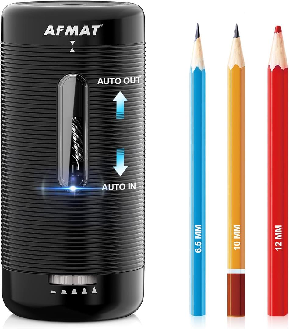 AFMAT Electric Pencil Sharpener, Fully Automatic Pencil Sharpener, Auto in & Out, Rechargeable Hands-Free Sharpeners for Jumbo & Colored Pencils (6.5-12mm), Portable for Home/Classroom/Office PSC2 (Black)