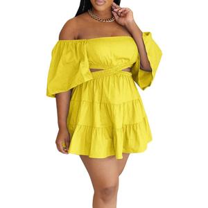 WOKANSE Fashion Dresses for Women 2024 Sexy Off Shoulder Boat Neck Waist Elastic Cut Out Pleated Ruffle A Line Mini Dress. XL