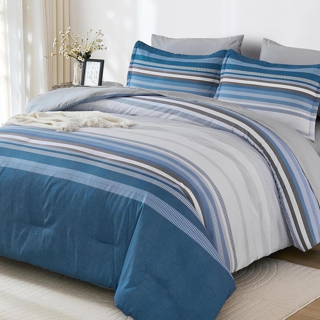 Dobuyly Grayish Blue Queen Comforter Set 7 Pieces, Boho Striped Bed in a Bag Queen Size Soft Microfiber All Season Grey Bedding Set with Comforter, Sheets, Pillowcases & Shams