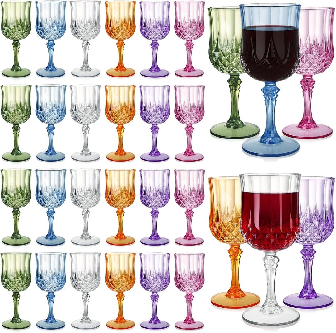 WRINGKIT 24 Pcs Plastic Vintage Wine Glasses, 7 Oz Plastic Colored Water Goblets for Party Wedding, Unbreakable Drinking Glasses Cups with Stem, Reusable Wine Cups for Beer, Cocktail, Whiskey, 6 Color