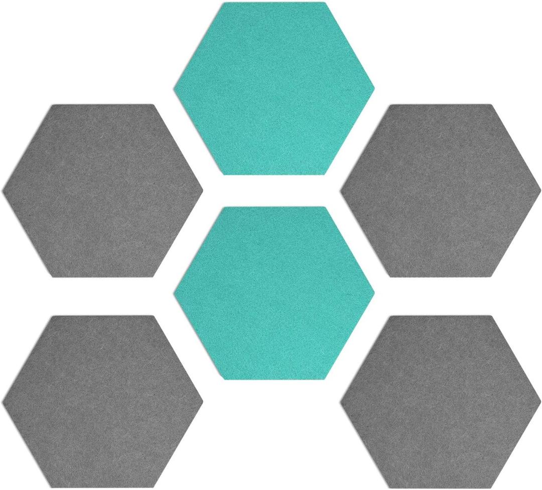 Navaris Hexagon Felt Board Tiles - Set of 6 Notice Memo Bulletin Boards with Push Pins Pack 5.9 x 7 inches (15 x 17.7 cm) - Grey, Turquoise