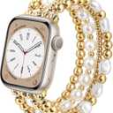 AIRSPO Gold Beaded Bracelets Compatible for Apple Watch Band 38mm 40mm 41mm 42mm 44mm 45mm 46mm Women, Fashion Handmade Dressy iPhone Watch Bands Stainless Steel Beads Elastic Strap for iWatch Series 11 10 9 SE 8 7 6 5 4 3 2 1