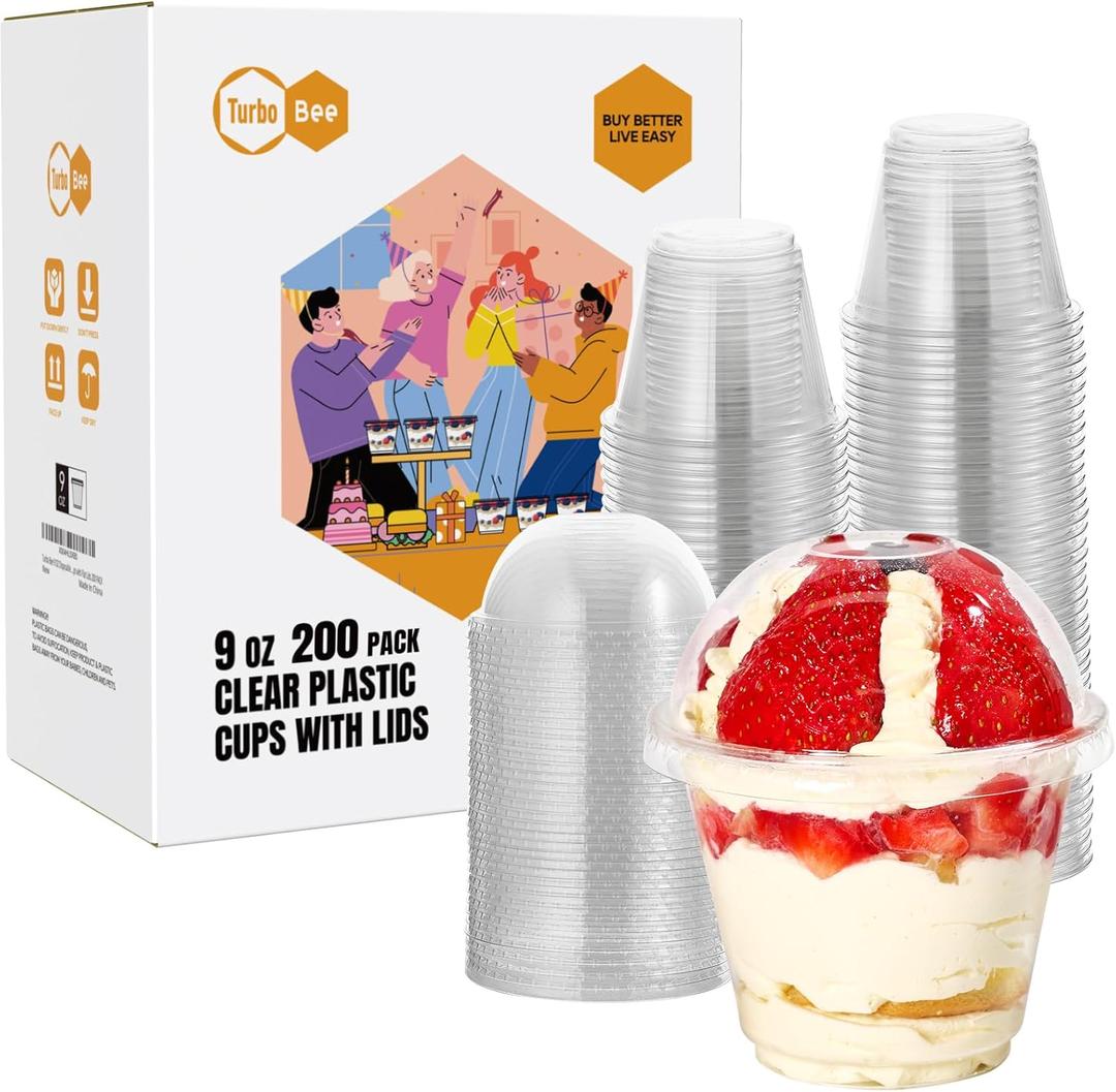 Turbo Bee 200 Pack 9 OZ Clear Plastic Cups with Dome Lids, Disposable Dessert Cups with Lids for Fruit, Snack Smoothie, Pudding and Ice Cream (No Hole)