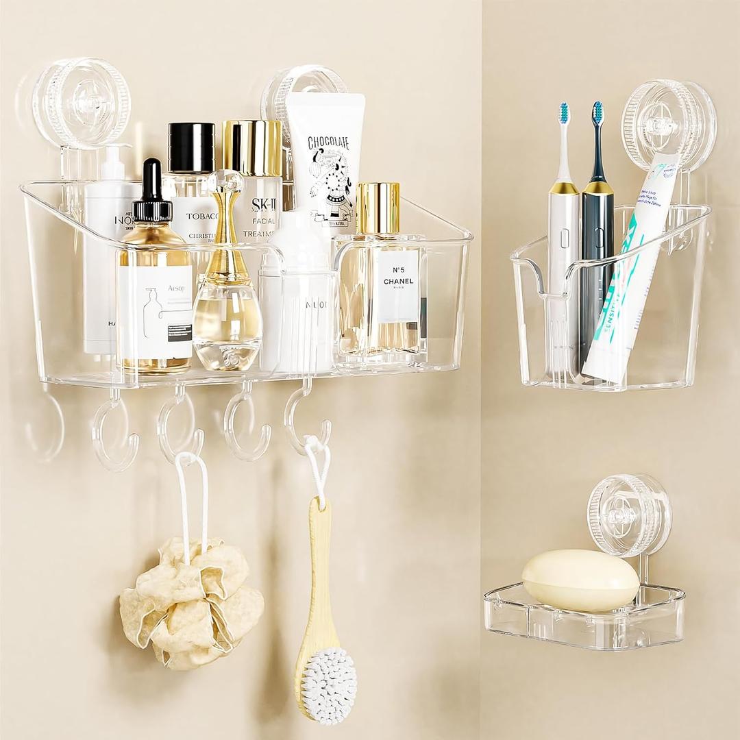Shower Caddy Suction Cup 3 Packs Clear White - Shower Shelf+Soap Dish+Toothbrush Holder - 1 Second Installation NO-Drilling Removable Powerful Waterproof Shower Organizer for inside Shower Bathroom