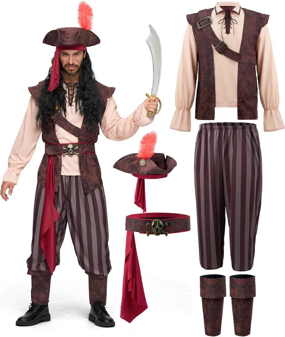 Spooktacular Creations Mens Caribbean Pirate Costume Adult Sea Captain Robber Costume for Halloween (X-Large, Red)