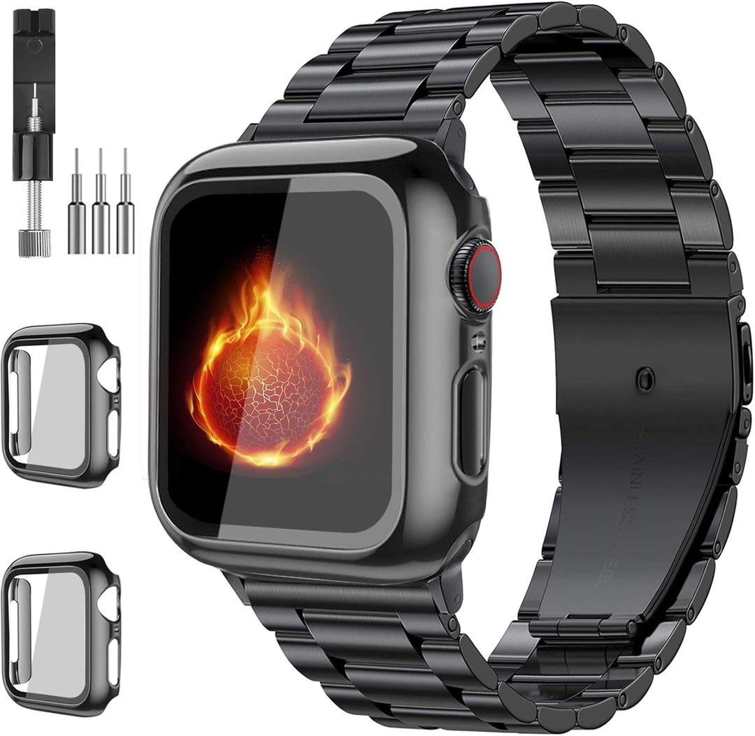 Compatible with Apple Watch Band, Stainless Steel iWatch Bands with 2 Pack Tempered Glass Screen Case for Men Size: 44mm(Series 6/5/4/SE)