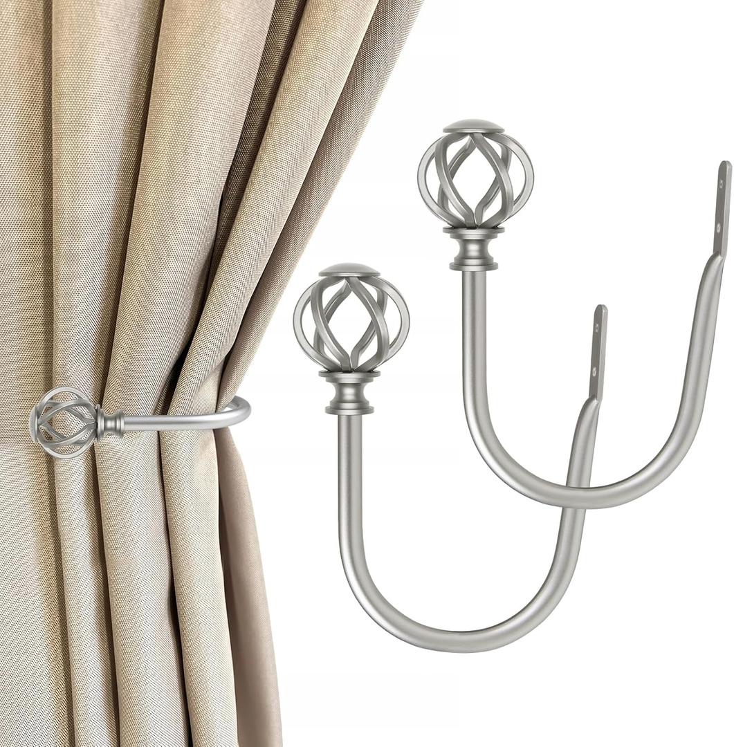 2 Pack Curtain Holdbacks, USFOOK Decorative Window Drapery Tiebacks (2 Pack/1 Pair), Curtain Tie Back Hooks for Wall with Antique Silver Twisted Cage Finials (3.45" L x 5.35" W)