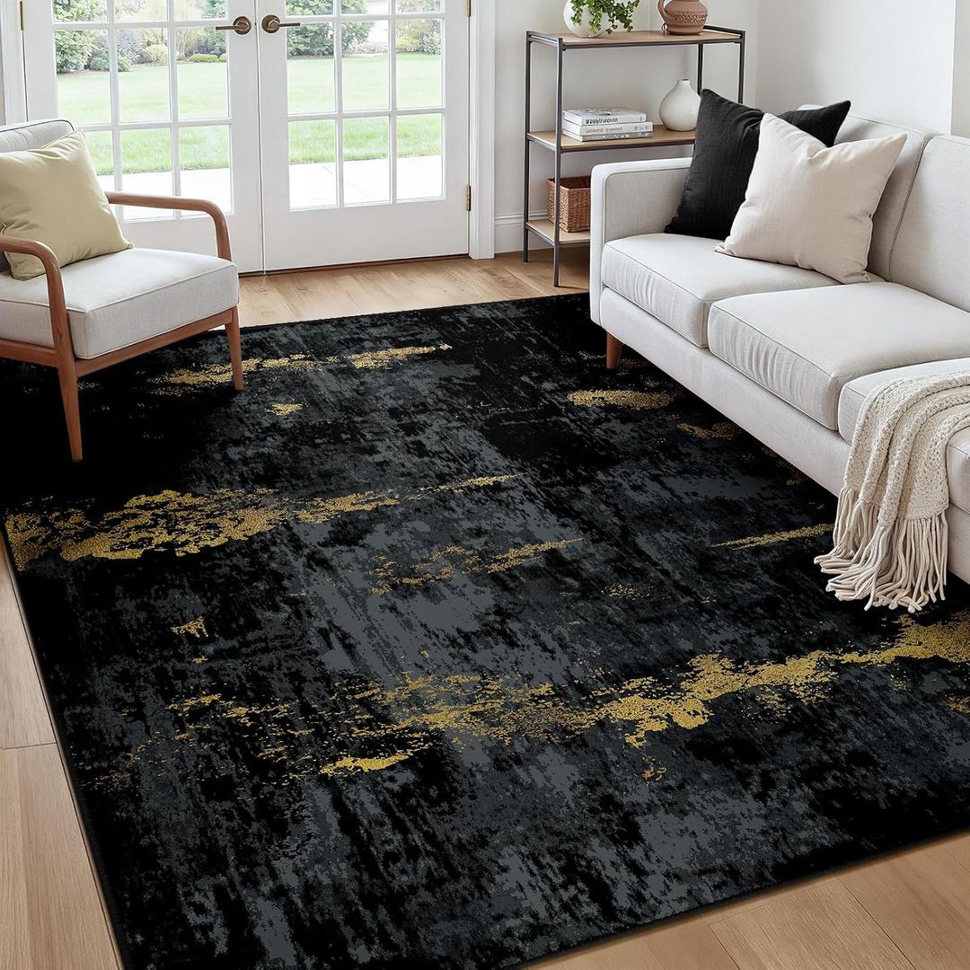 RELEANY Washable Area Rugs Square 7ft Non-Slip Modern Abstract Soft for Living Room Entryway Bedroom Nursery, Print Pattern, Dark Black Gold