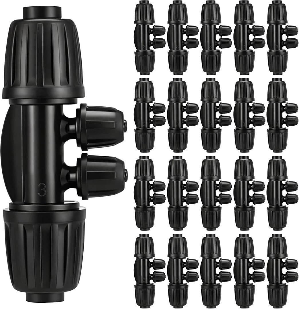 20 Pcs 1/2 to 1/4 Inch Drip Irrigation Fittings 4-way Drip Irrigation Tubing Barbed Tee Connectors with Anti-Leak Lock Nut Barbed Reducer System for Garden Outdoor