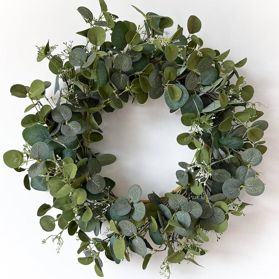 Eucalyptus Wreaths for Front Door 22", Handmade Green Leaves Wreath for Summer, Spring and All Seasons, Greenery Floral Wreath for Wall and Outside