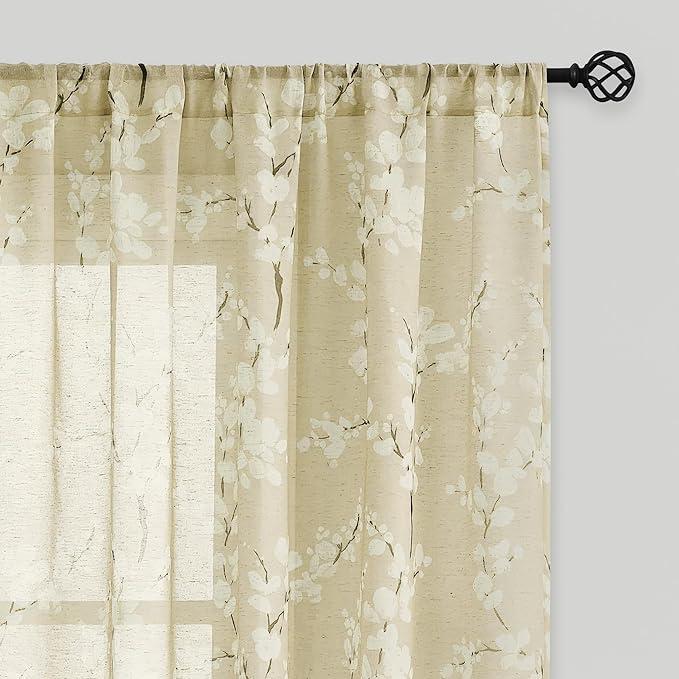 FMFUNCTEX Linen Sheer Curtains for Bedroom, Grey White Blossom Print Curtains 63 Inch Length for Living Room, Floral Patterned Farmhouse Curtain Light Filtering Window Drapes 2 Panels, Rod Pocket