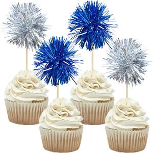 Gyufise 30Pcs Foil Firework Cupcake Toppers Sparkle Tinsel Cake Toppers Tinsel Drink Cake Decoration Cocktail Picks for Birthday Wedding Graduation Party Supplies Silver Dark Blue