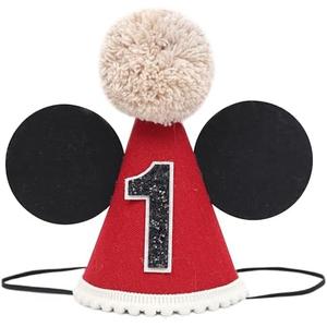 DSAANE Mouse 1st Birthday Hat - Mouse First Party Decorations,Mouse Ears Cake Smash Hat,Red Black Mouse Party Hat,One Birthday Photo Props (1st)