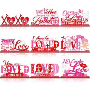 Amyhill 9 Pcs Valentine's Day Christian Wooden Table Decorations Centerpieces Religious Love Pink Red Heart Wooden Cross Sign Christian Vintage Valentines Decor for Home Shelf Block