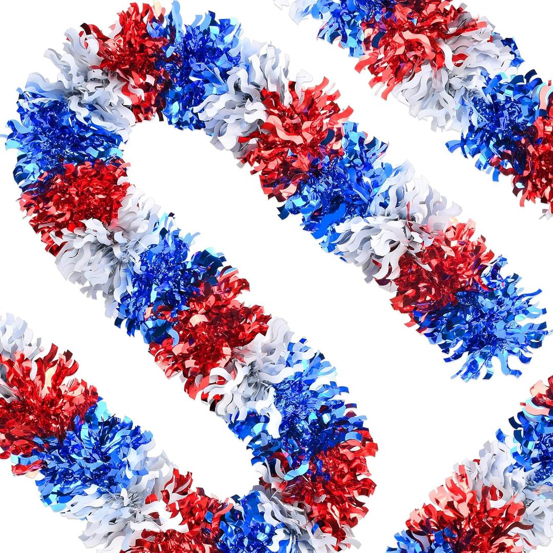 66FT 4th of July Patriotic Tinsel Garland, Glitter Tinsel Garlands Metallic Holiday Streamers for Memorial Day Independence Day Indoor Outdoor Holiday Party Decor (White)