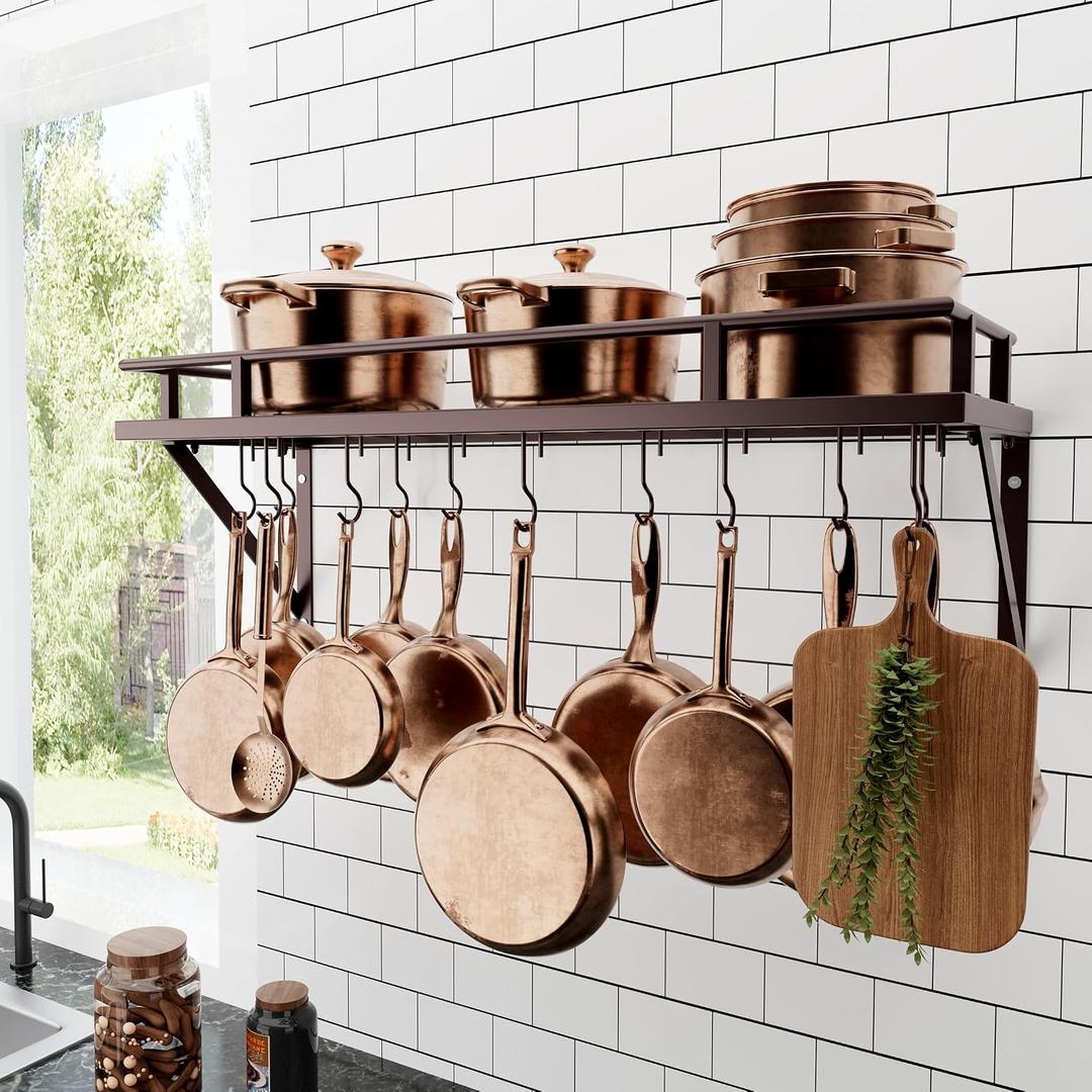 KES 30-Inch Wall Pot Rack, Oil Bronze, 88lb Capacity, 12 Hooks, Farmhouse
Carbon Steel Construction, Reinforced Grid Shelf, Stud Mounting, 12 S-Hooks, Rust-Resistant, Indoor Kitchen Organizer