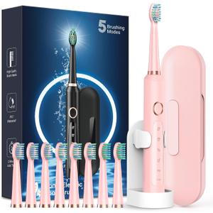 Rtauys M5 Sonic Electric Toothbrush for Adults and Kids - Rechargeable Electric Toothbrush Kids Ages 12+ and Adults with 8 Brush Heads & Travel Case, 120 Days Battery Life - Pink